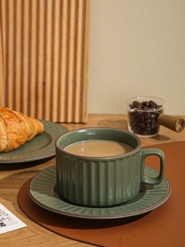 1pc Vertical Grain Green Mug With Plate, Modern Water Cup For Household